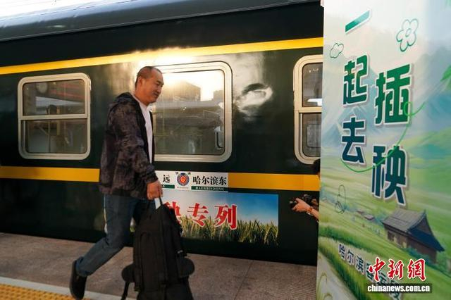 5月13日，黑龙江哈尔滨，插秧客在站台内行走。赵宇航 摄
