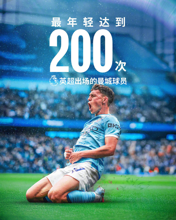 这场比赛也让福登成为了最年轻达到200次英超出场的曼城球员！ 