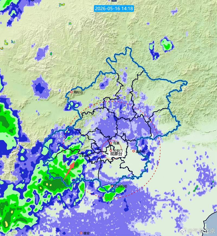 据气象部门监测，当前降雨主要在房山、门头沟。北京市气象局供图