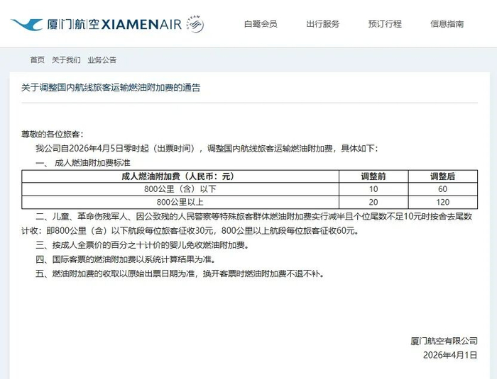 4月5日，国内多家航司发布燃油附加费新标准。图为厦门航空关于调整国内航线旅客运输燃油附加费的通告