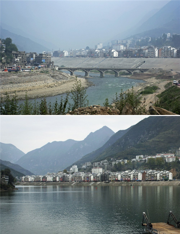 2008年5月与2010年11月，湖北兴山高阳镇三峡蓄水175米前后。黎明 图