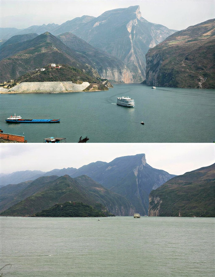 上图：2006年3月26日，三峡工程135米蓄水后的瞿塘峡夔门。下图：2010年10月26日，同一位置175米蓄水后。