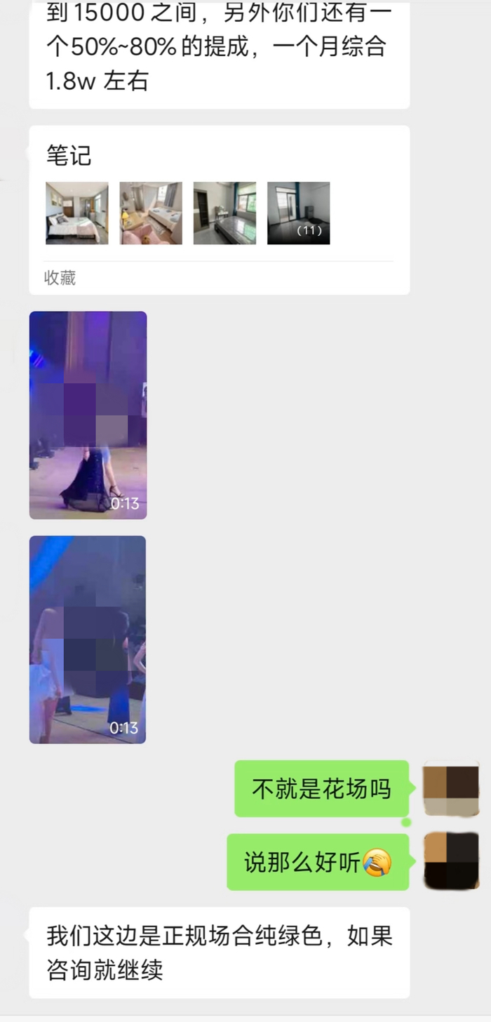 招聘方向女孩解释薪资，并表示“正规场合，纯绿色”。 图/ 受访者提供