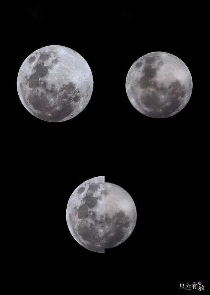 这是2019年拍摄的年度最大满月（左）与年度最小满月。（袁凤芳 摄）