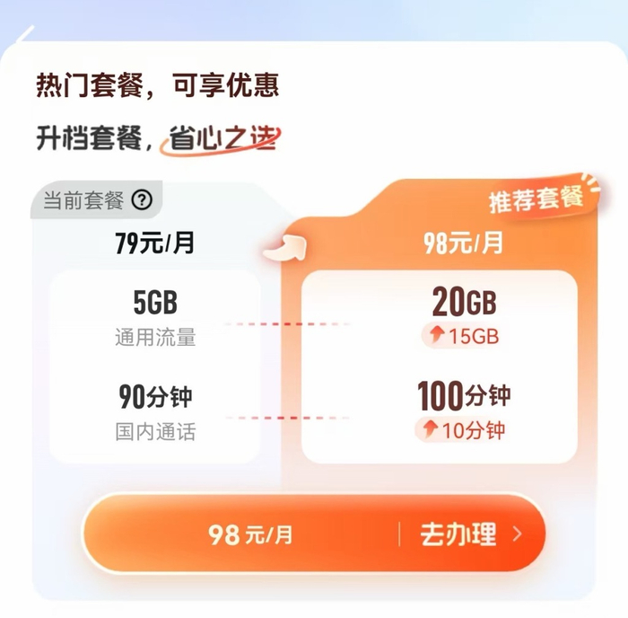 中国移动APP对李女士推荐的升档套餐内容