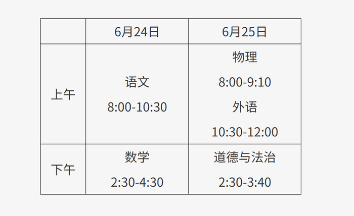 2026年北京市初中学业水平考试时间安排。图/北京教育考试院官网