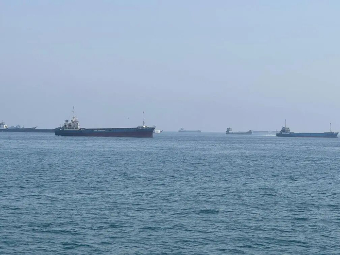 这是5月29日在阿曼北部小镇海塞卜拍摄的滞留在霍尔木兹海峡水域的商船。图源：新华社