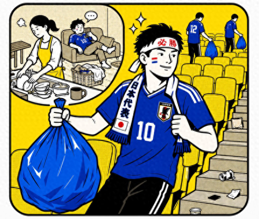 日本球迷在世界杯看台捡垃圾与居家场景对比的讽刺海报