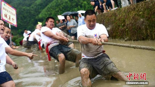图为当地壮族村民在进行梯田拔河比赛。（无人机照片）潘志祥 摄 