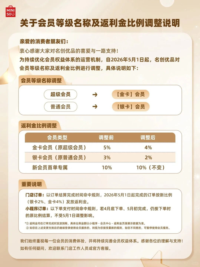 名创优品会员调整情况，图源名创优品服务号小红书
