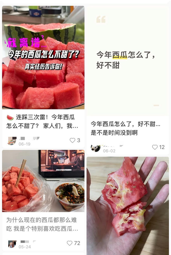 部分网友吐槽西瓜口感不及往年。网络截图