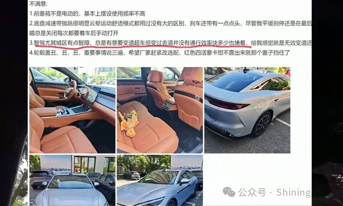 车主反馈截图，详细描述城区智驾系统的问题，如乱变道和AEB不灵光。