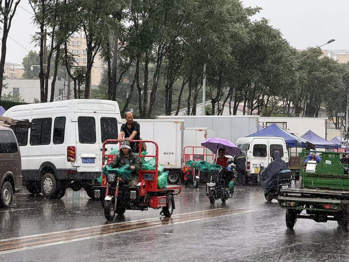 新发地市场商户雨中运送蔬菜。受访者供图