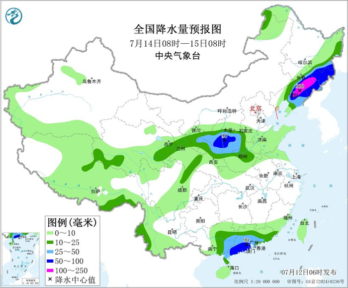 图6 全国降水量预报图（7月14日08时-15日08时）