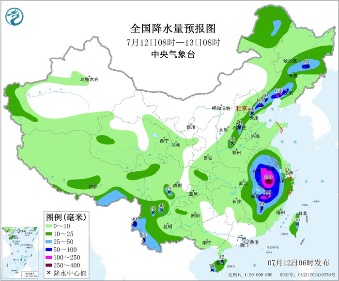 图4 全国降水量预报图（7月12日08时-13日08时）