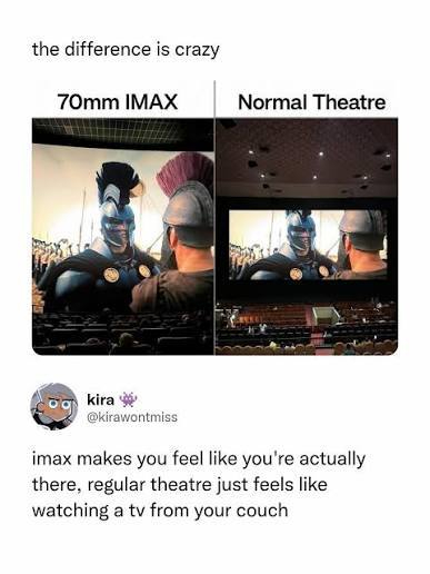 国外网友贴出的IMAX 70mm胶片影厅与普通影厅的画幅对比。