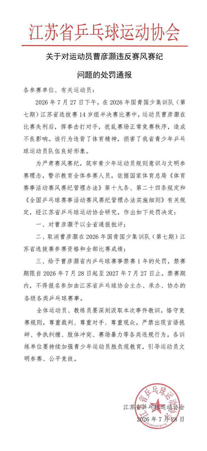 乒乓球运动员比赛失利后挥拳击打对方，官方通报