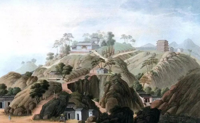 晚清时期越秀山南麓的实景临摹油画，可见观音阁、百步梯、镇海楼以及古城墙