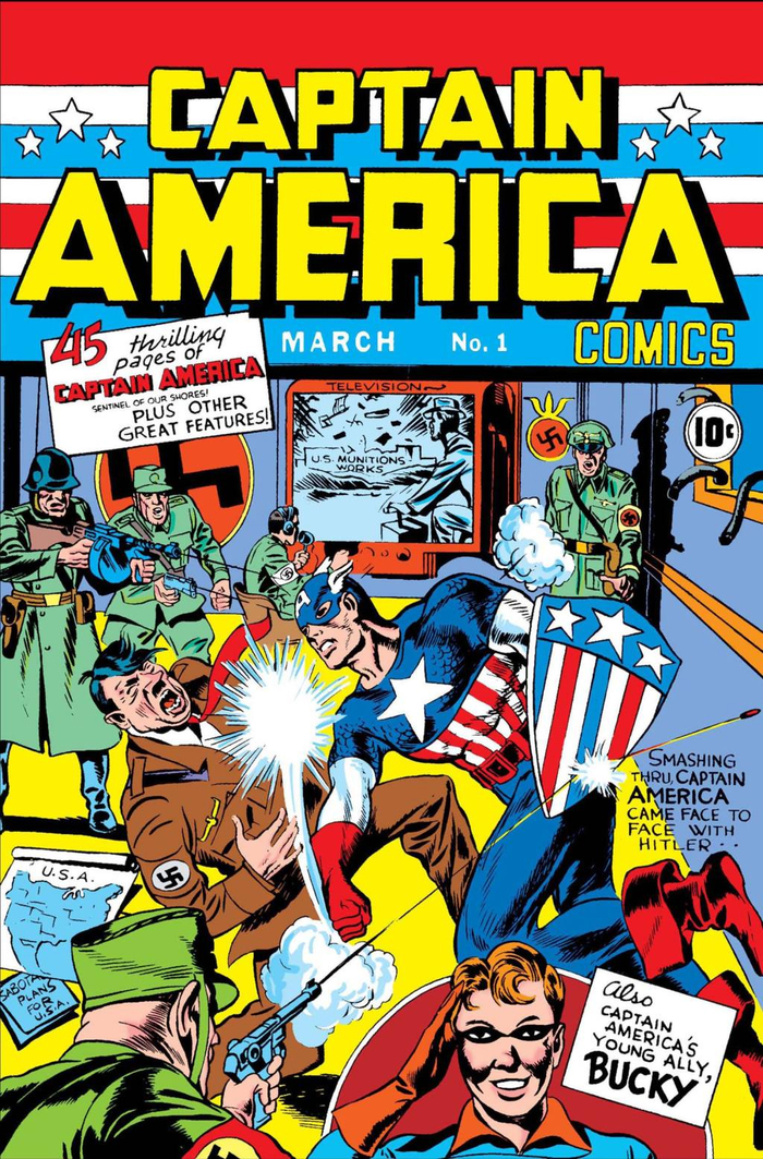 1941年，美国队长在漫画封面上拳打希特勒。