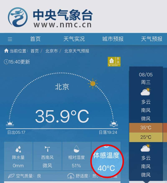 8月5日15时40分，北京体感温度达40℃。图/中央气象台