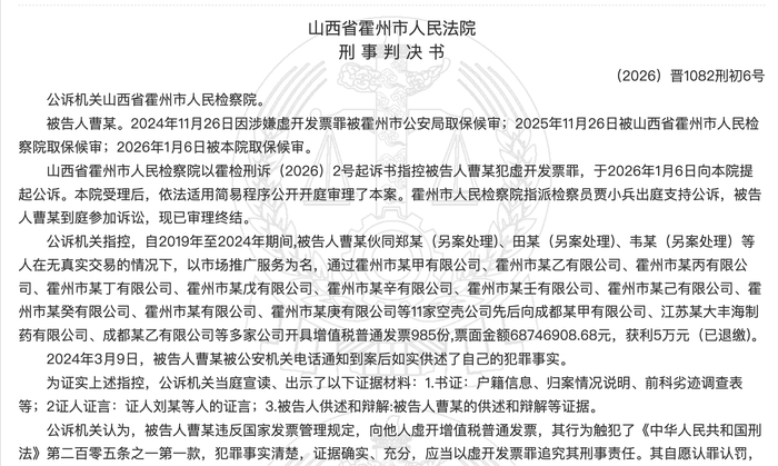 （虚开发票案件判决书。 中国裁判文书网/截图）