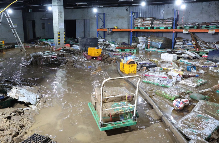 8月18日，韩国巨济市，一农业物资商店地下仓库被泥水覆盖，农资被泥浆掩埋。