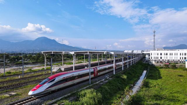 2025年5月20日，在印度尼西亚万隆，一列雅万高铁高速动车组列车驶出德卡鲁尔站（无人机照片）。新华社记者 徐钦 摄