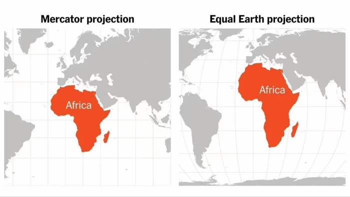 △墨卡托投影法绘制的地图（左）和“平等地球”投影法绘制的地图（右）对比