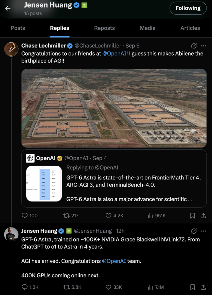图注：Chase Lochmiller引用转发OpenAI的帖子，黄仁勋在其下回复