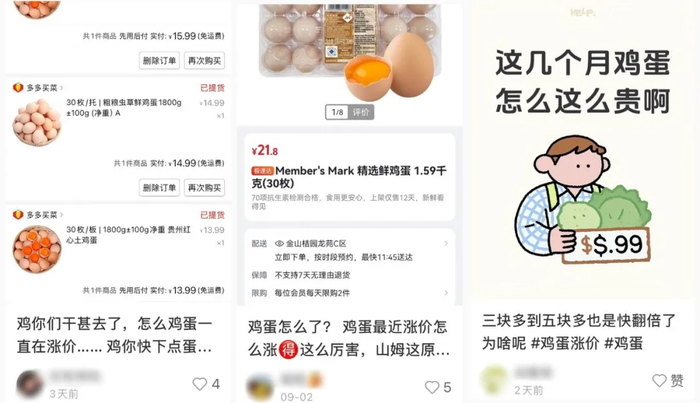 网友们讨论鸡蛋价格上涨。图/小红书截图