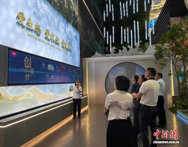 在爱福地农耕文化展览馆内，讲解人员讲解爱福地创业历程。 陈宛婷 摄