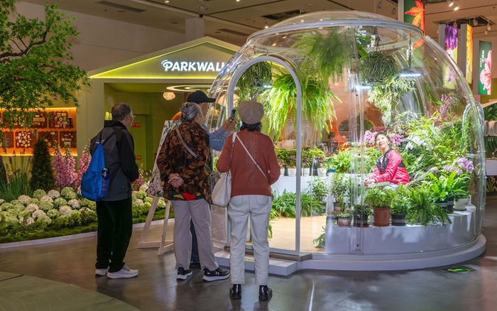 中国园林博物馆推出“到公园去Ⅲ——PARKWALK”展览，游客在展厅里拍照打卡。北京市公园管理中心供图