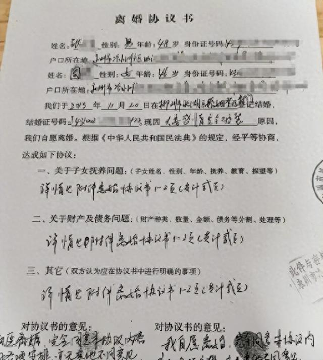 双方离婚协议书（图源：奔流新闻）