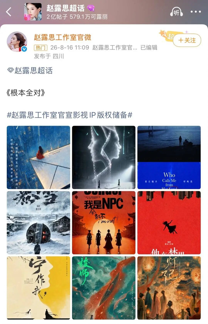 赵露思目前公布的影视IP版权