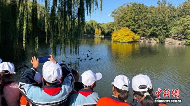 10月13日，来自西藏日喀则定日县的青少年走进北京大学，图为学生们在未名湖畔参观。中新网记者 黄欣欣 摄