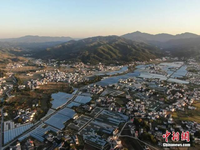 江西于都县的梓山镇万亩富硒蔬菜产业园，只见一座座蔬菜大棚鳞次栉比，从空中俯瞰十分壮观。刘力鑫 摄 
