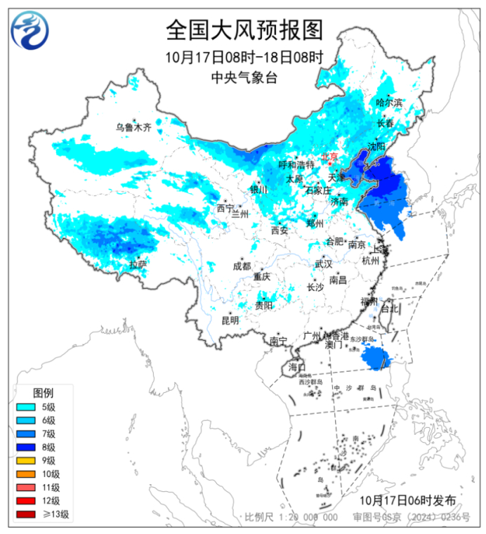17日08时-18日08时全国大风预报图。中央气象台供图