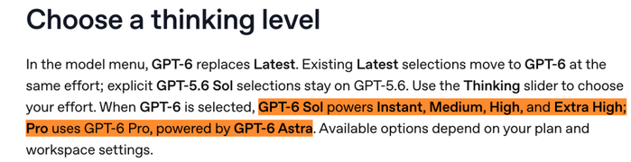 GPT-6的普通档位由Sol提供支持，Pro档由Astra提供支持。