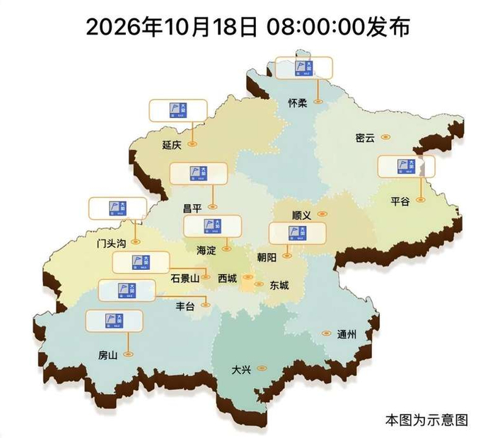 截至10月18日8时，北京十区发布大风蓝色预警。北京市气象台供图