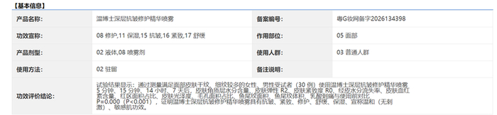 ▲温博士深层抗皱修护精华喷雾备案信息。