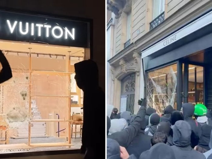 视频显示多家奢侈品店遭到破坏和抢劫，其中包括CELINE、Louis Vuitton。
