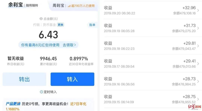 ▲ 张先生余利宝账户仅剩6.43元