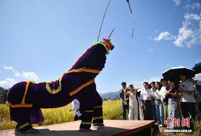 10月24日，参与活动的缅甸青年代表在耿马县勐撒镇芒见村观看傣族马鹿舞表演。中新社记者 黄兴鸿 摄 