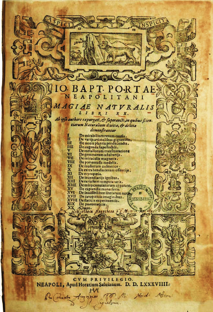 1589年版的《自然魔法》扉页，上面列出了构成这部著作的全部二十卷书名