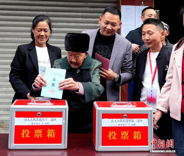 图为李青秀老人（左二）在投票。中新社记者 安源 摄 