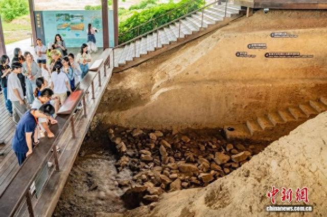 7月8日，青年学子在位于浙江杭州的良渚古城遗址公园了解遗址的检测和保护情况。 中新社记者 吴君毅 摄