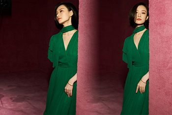 倪妮深v绿裙春意盎然