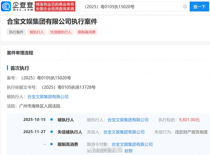 赵薇关联公司被限高 涉案金额9801元