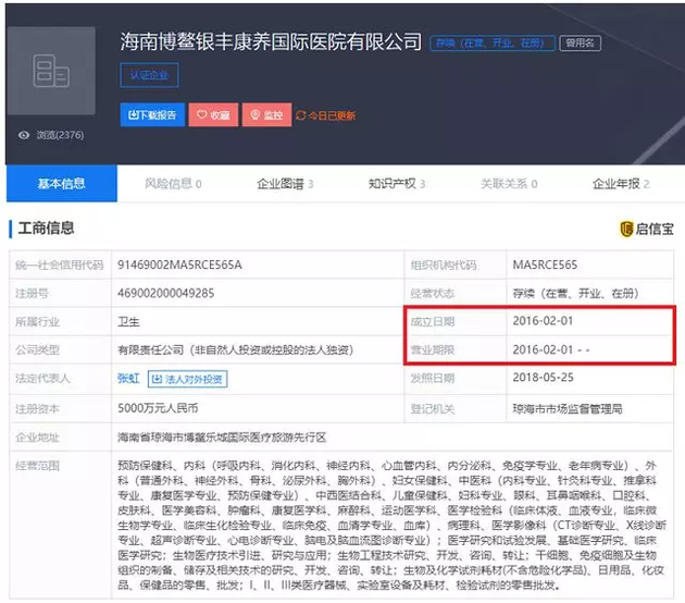 启信宝查询的工商资料也显示，银丰康养医院没有相关资质。