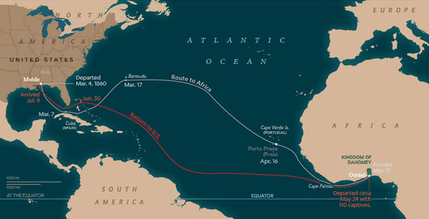  “克洛蒂尔达”号往返路线图 &nbsp;图源：阿拉巴马州莫比尔公共图书馆